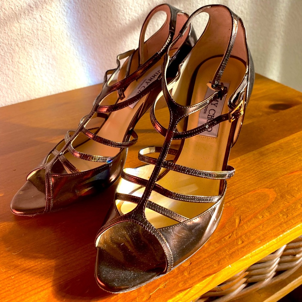 REAL Jimmy Choo Vintage Metallic Patent Rose Gold Cage Heel Pump